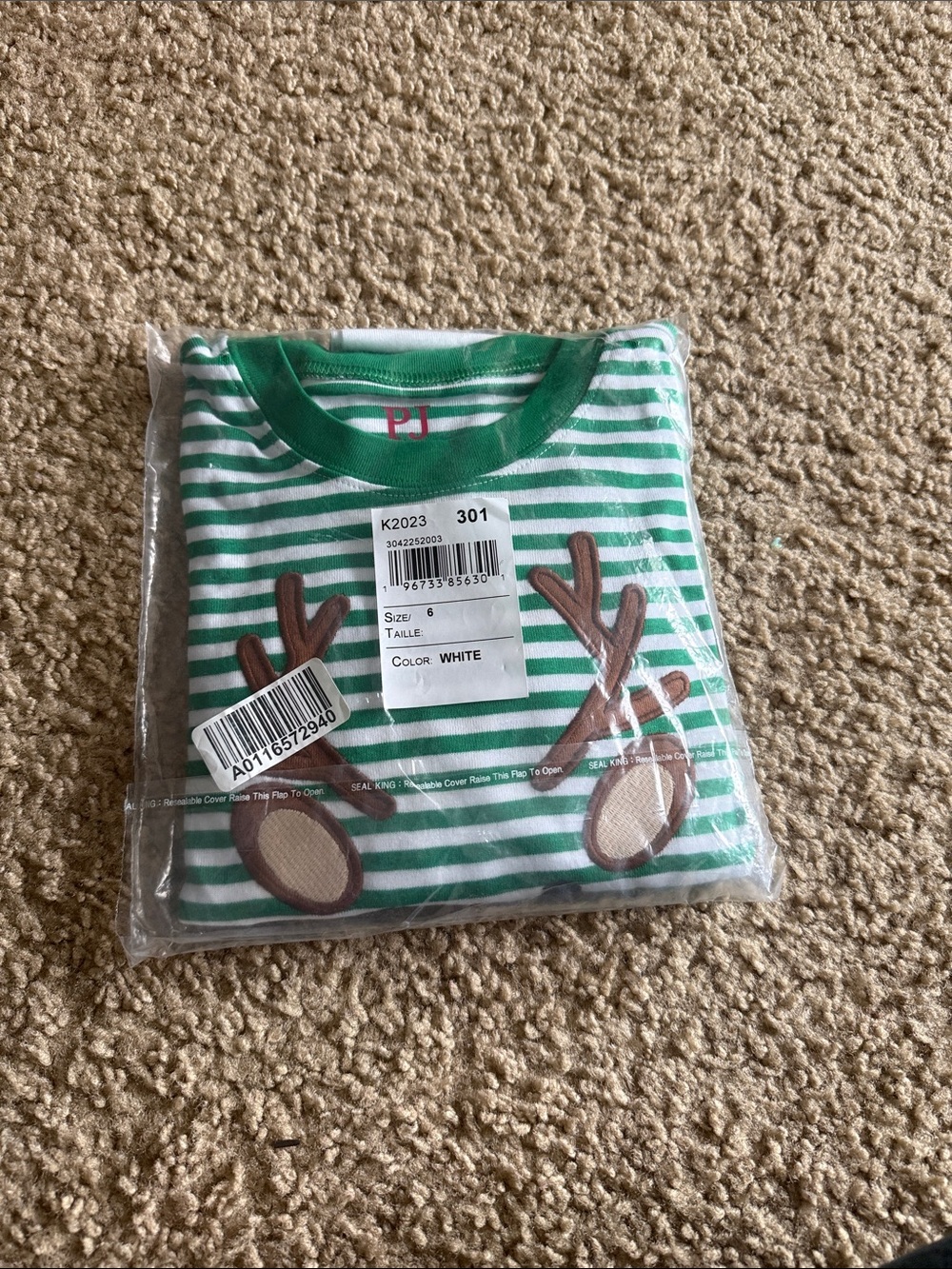 Green & White Striped Kids Shirt with Reindeer Detail pajama set